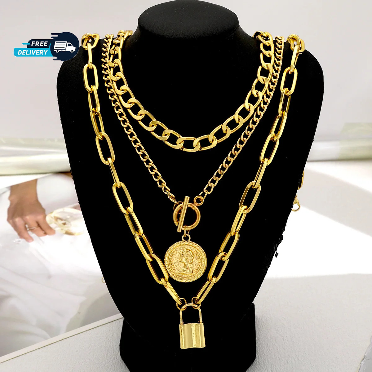3Pcs Chunky Multi-Layer Necklace Trendy Pendants Choker Women Fashion Jewelry
