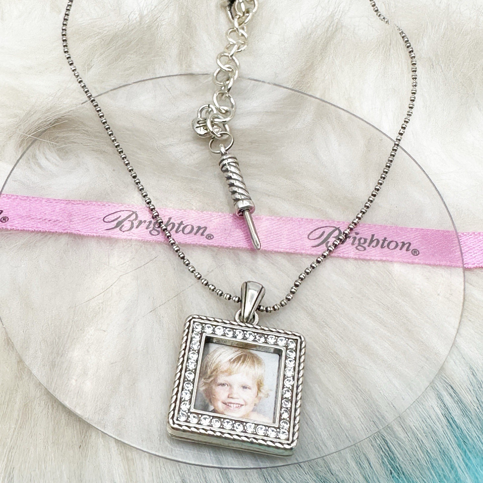 Brighton Momento Crystal Square Photo Locket Pendant Silver Plate Necklace