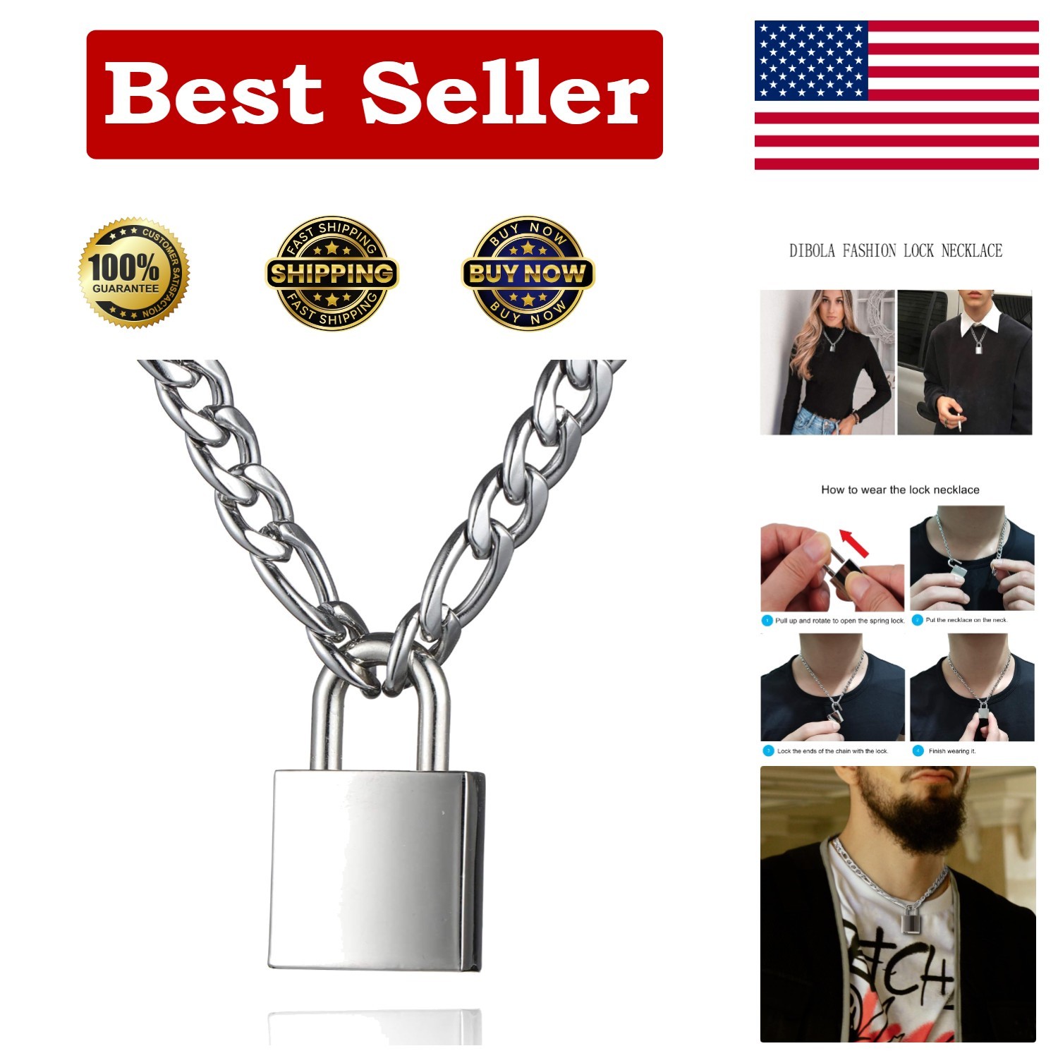 Padlock Necklace Stainless Steel Lock Chain for Men Women Silver 18-24 Inch