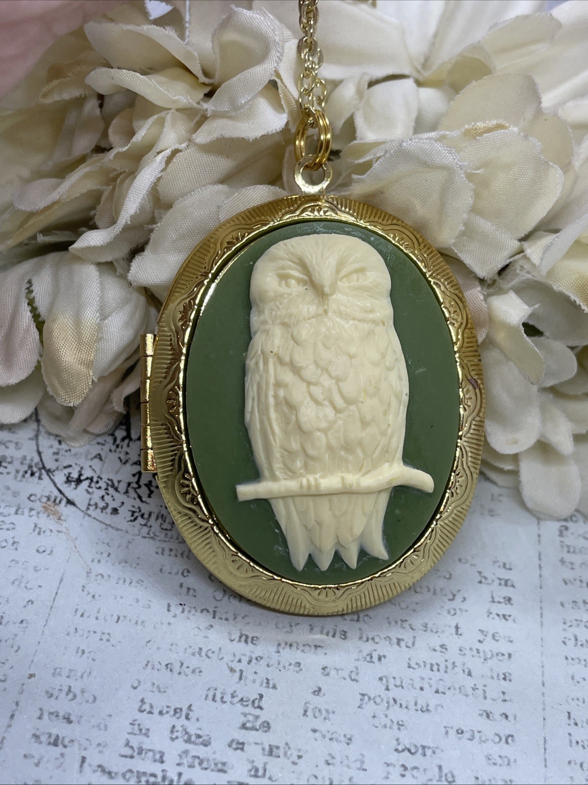 Ylw Gold Photo Locket Necklace Birthday Gift Green Owl Barn Tree Hoot Fall Mom