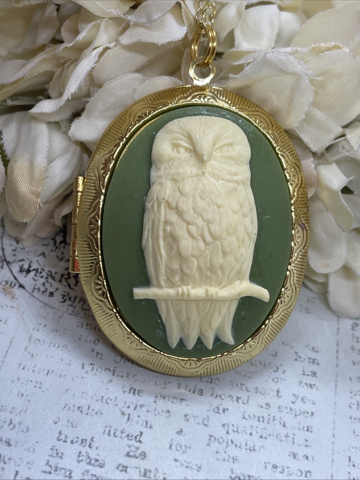 Ylw Gold Photo Locket Necklace Birthday Gift Green Owl Barn Tree Hoot Fall Mom
