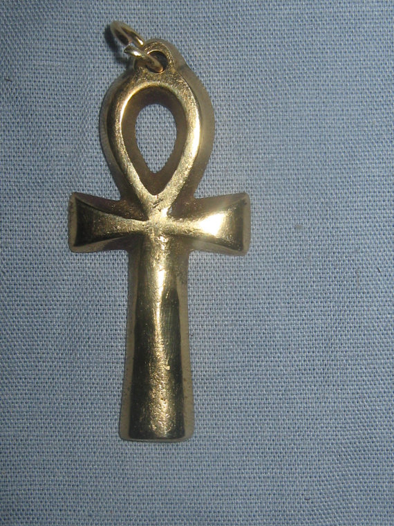 37MM GOLD BRASS ANKH EGYPT EGYPTIAN EGYPT AHNK TUT CHARM PENDANT NECKLACE