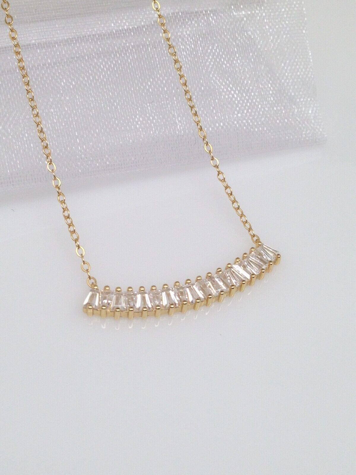 925 Sterling Silver CZ Curved Bar Pendant Necklace Sideways Gold Women 28mm 17″