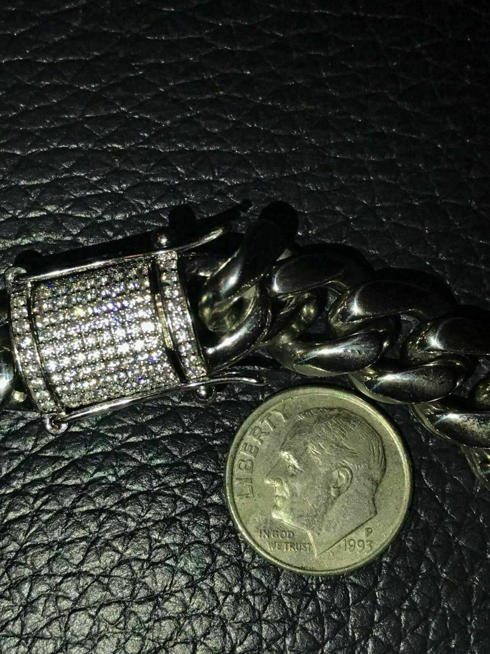 Cuban Miami Silver Bracelet & Chain Set Stainless Steel 925 Simulated Diamond