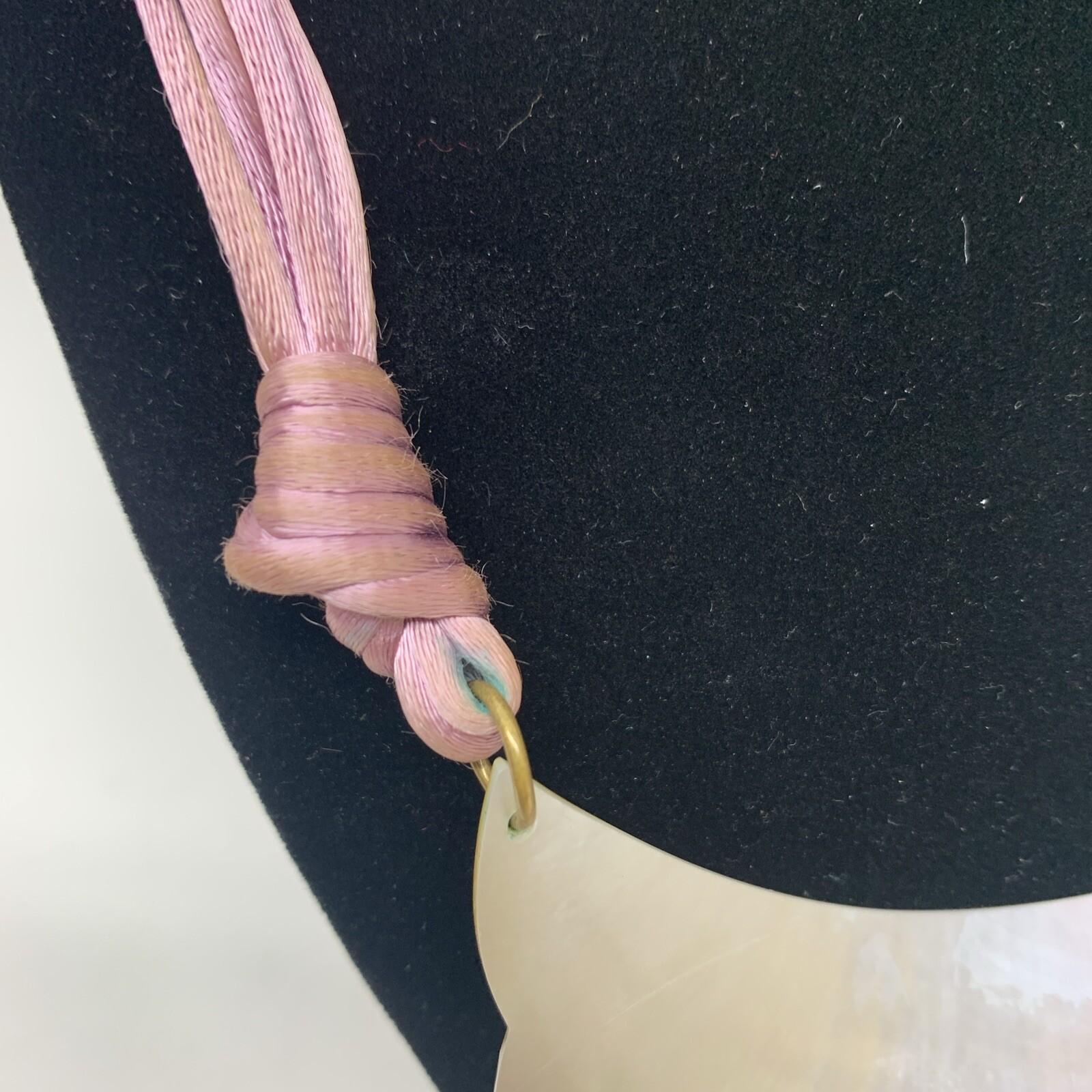 VTG 18” Mother Of Pearl Pendant Necklace W/2 Tone Silk Satin Cord