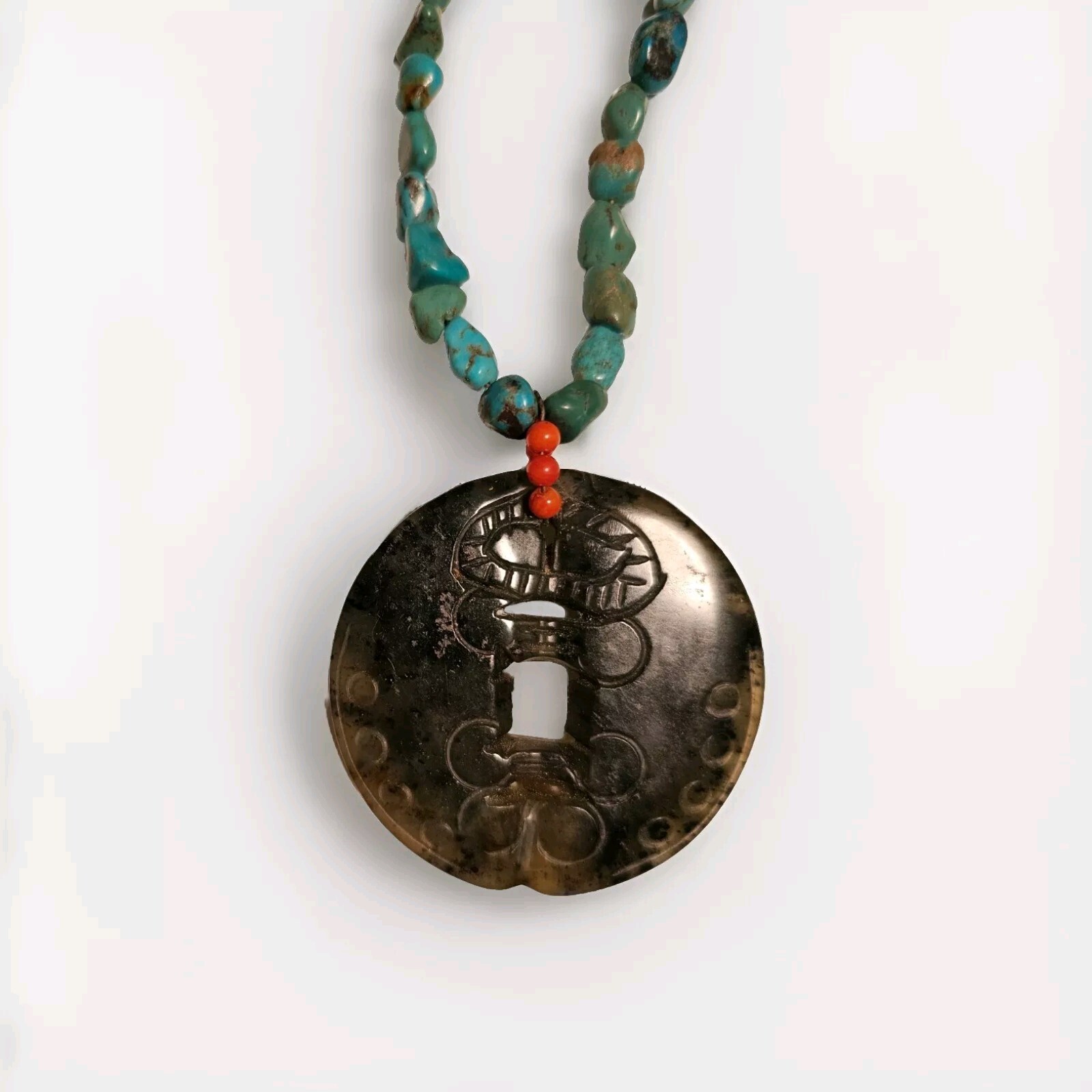 Moon Phase Stone Necklace, Carnelian Turquoise 18″ Beaded Chain, 2″ Coin Pendant