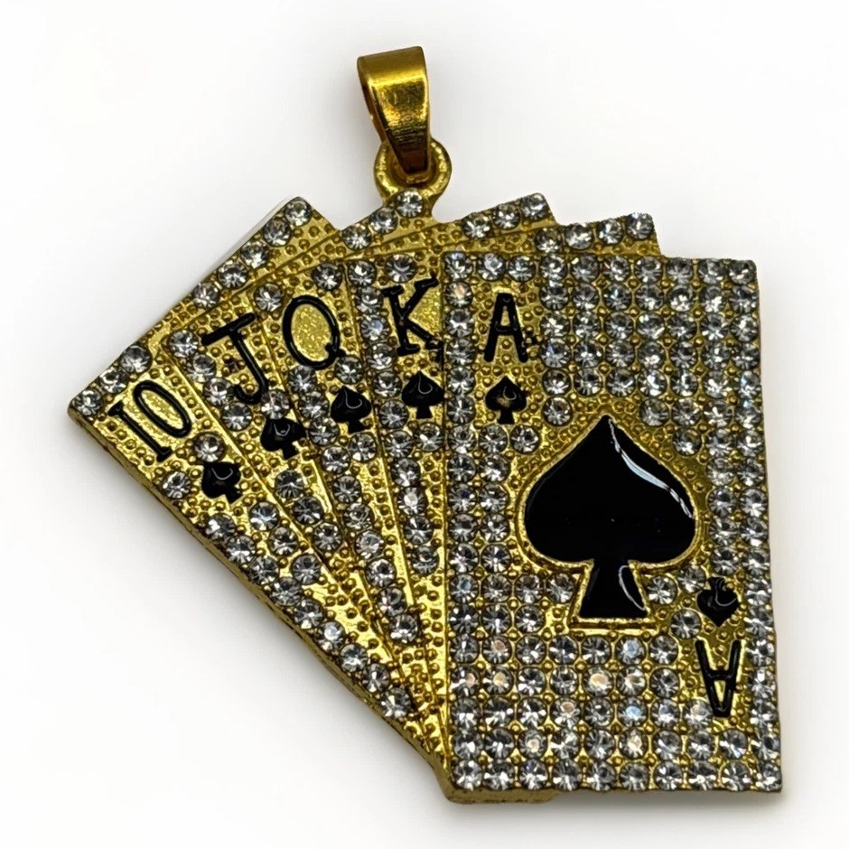 Gold Plated Iced Out Royal Flush Playing Cards Pendant Stainless Steel Hip Hop