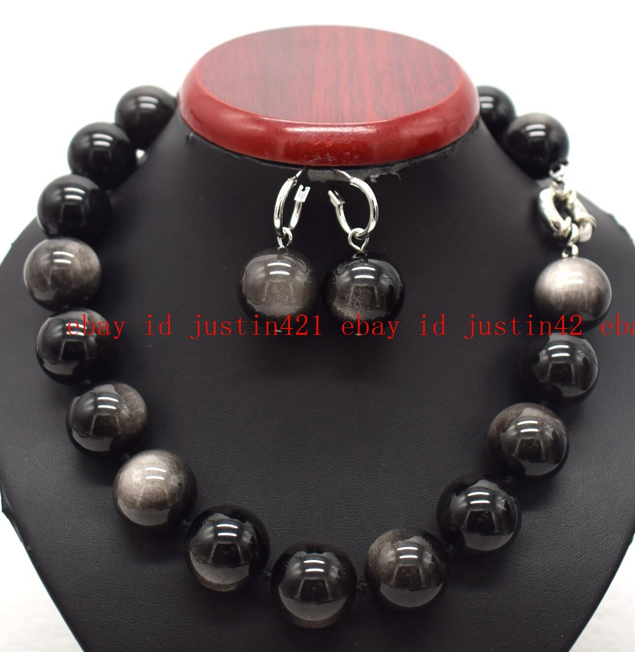 Huge 20mm Silver Eye Obsidian Round Gemstone Beads Necklace Earrings 18″ AAA