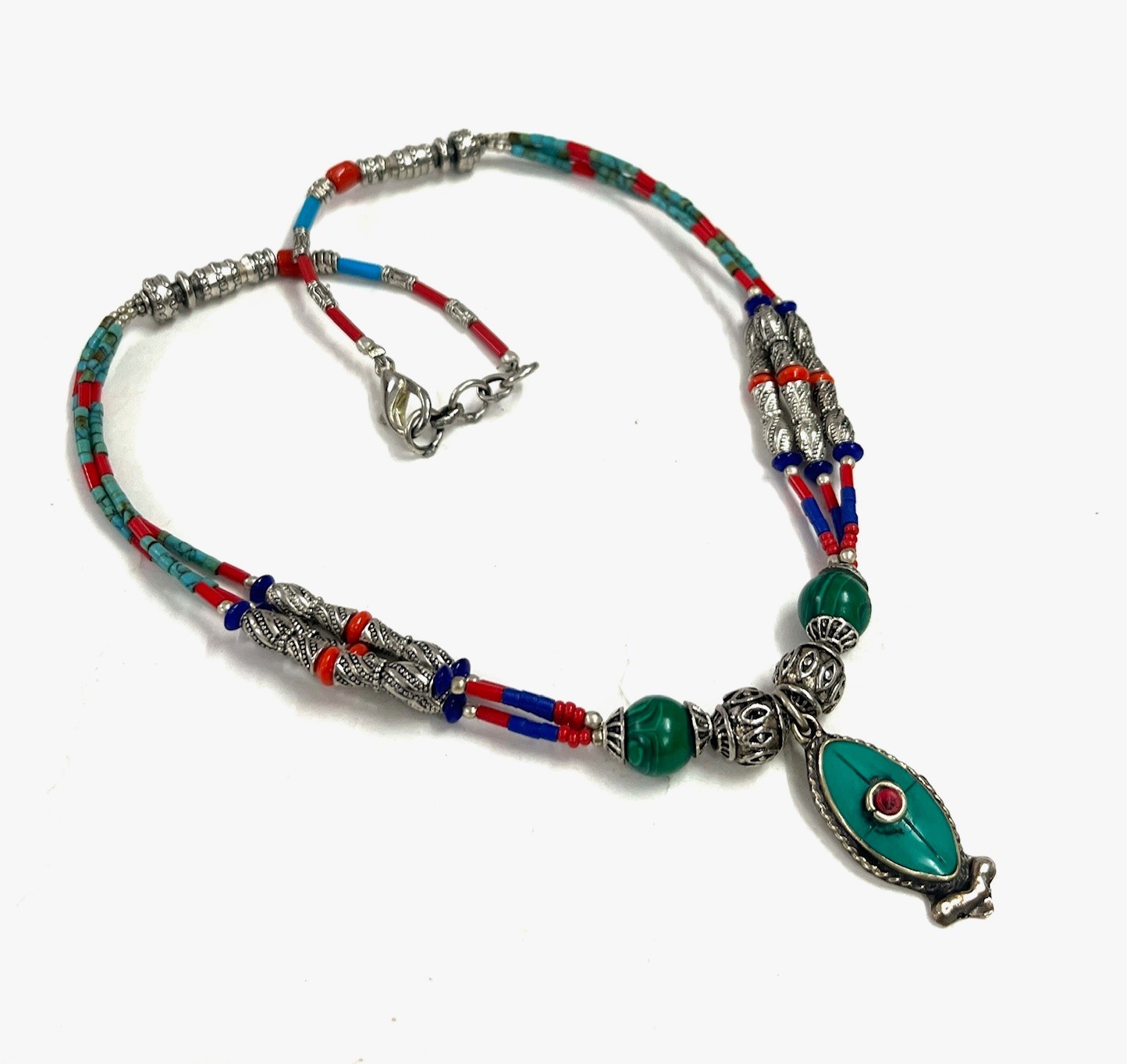 Ethnic Turquoise Coral Gemstone Tibetan Bohemian Necklace Jewelry, 16 Inch Adjs