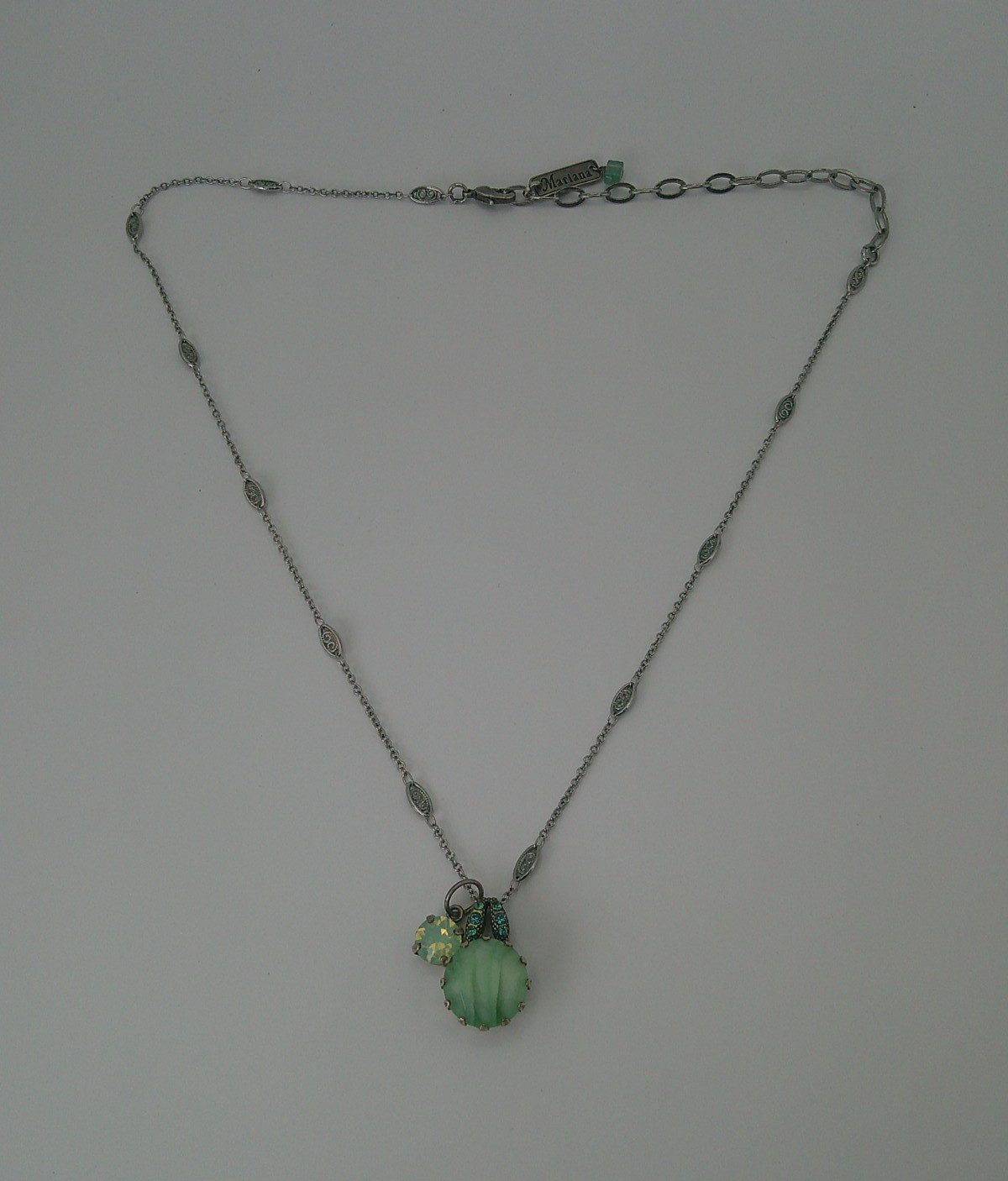 Mariana Rhodium Plated & Mint Green Stone 15mm Pendant Necklace 17-21″ Adjust.