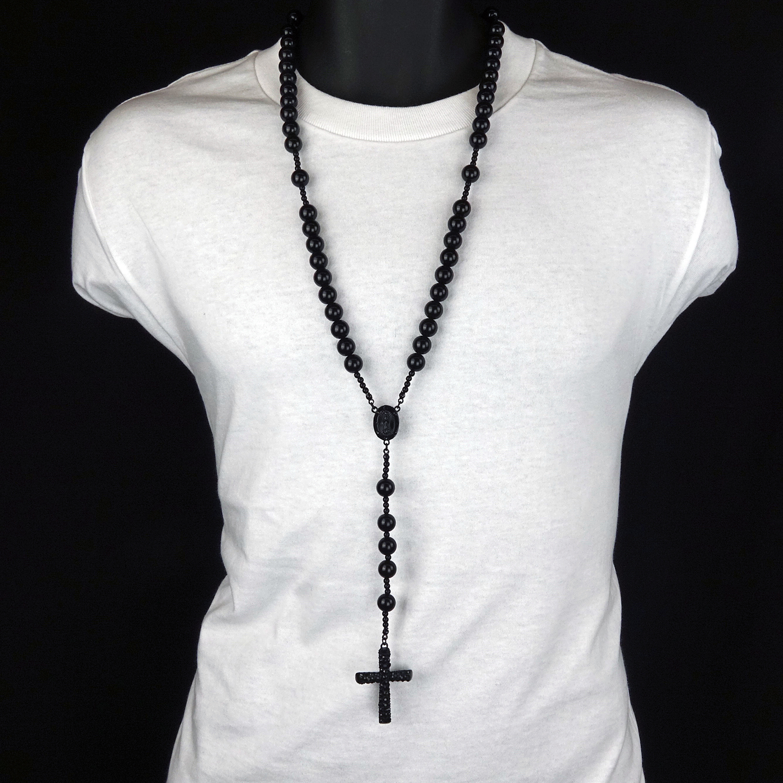 Men’s Hip Hop 15mm BLACK Beads Cubic-Zirconia Guadalupe Rosary & Jesus Cross BK