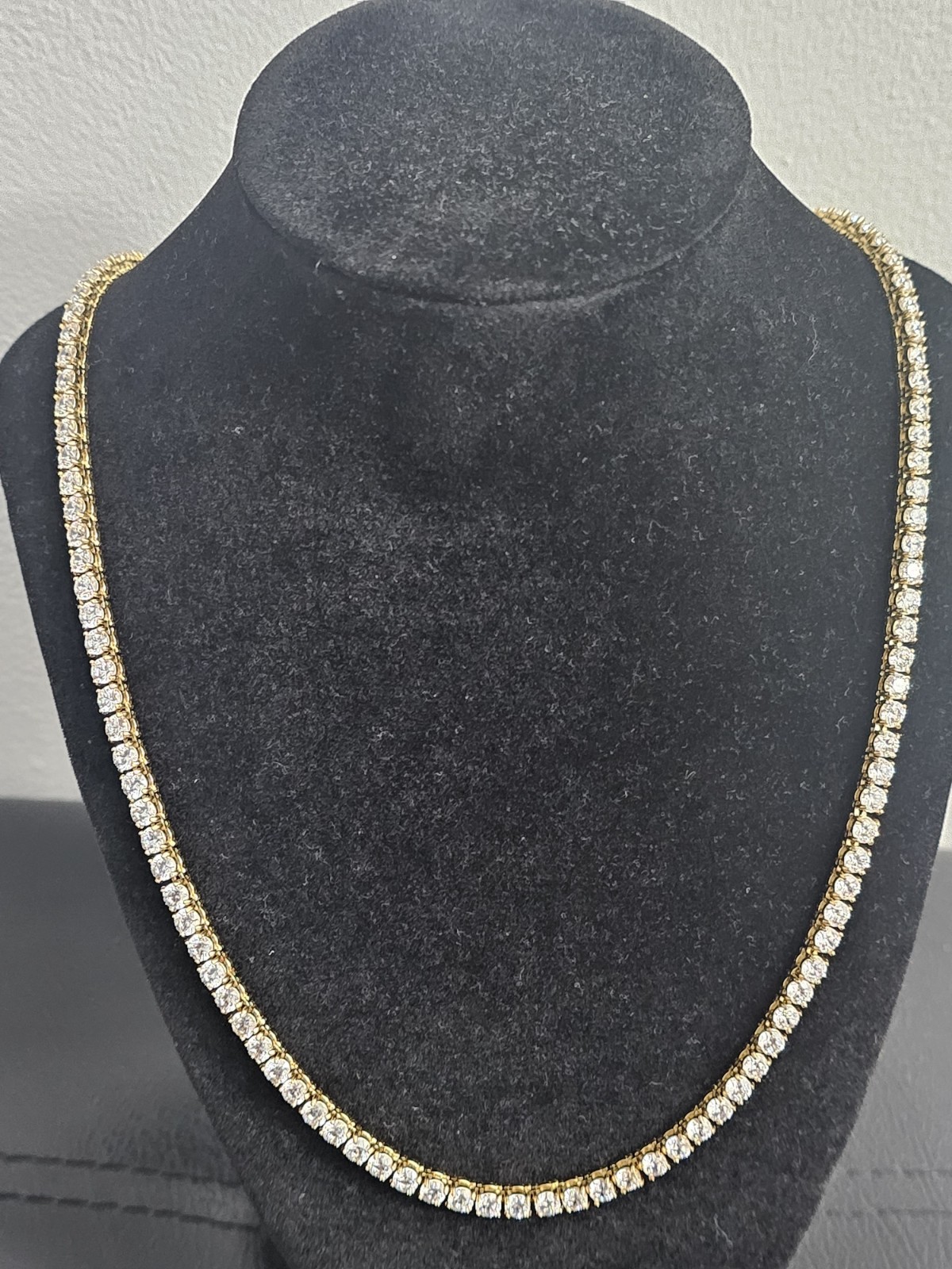 24in.4mm gold stainless Steel Tennis Chain Necklace w/prong set CZs wBox lock