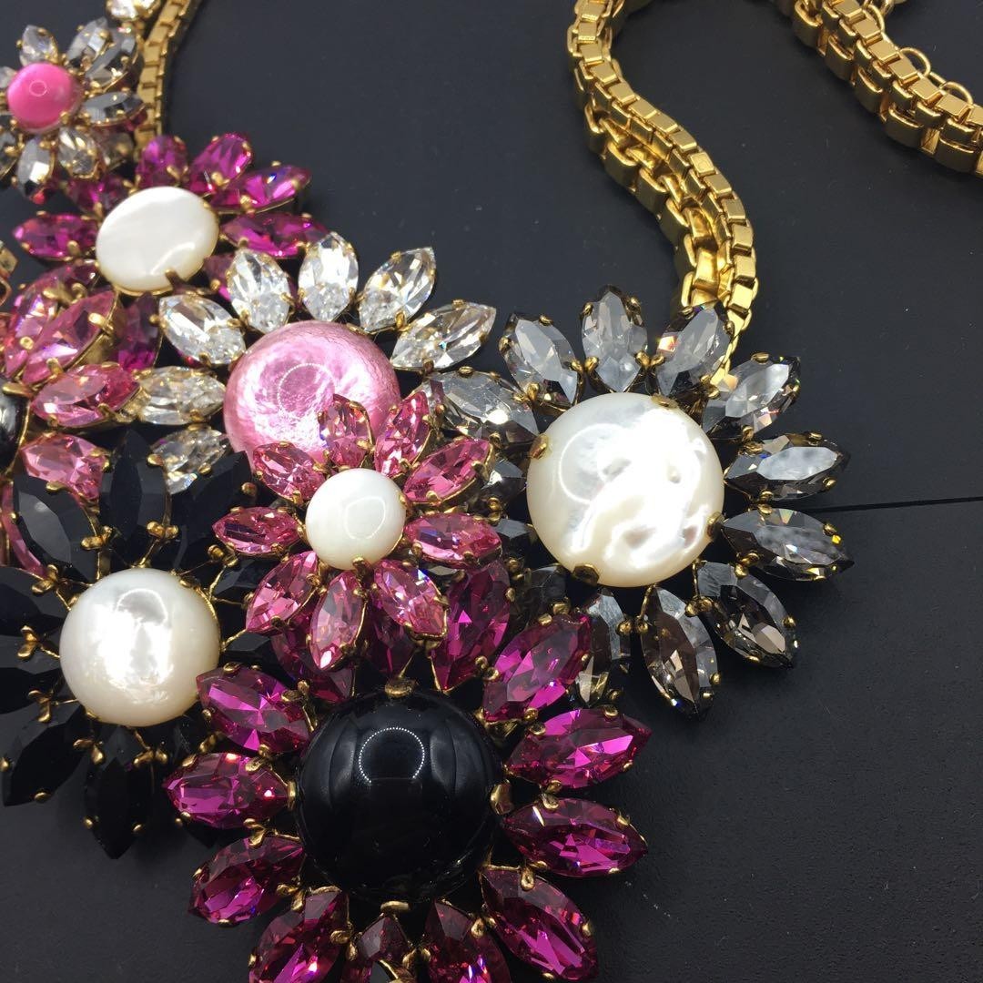 Philippe Ferrandis Pink Black Clear Bijou Flower Motif Necklace in Rare