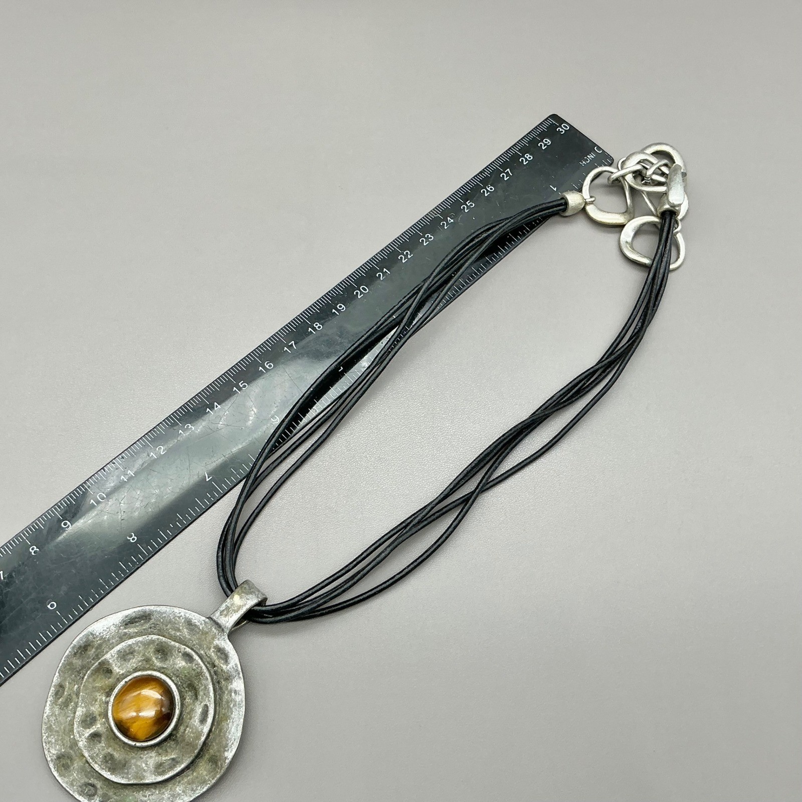 Premier Designs Necklace Tiger Eye Pendant Black Cord Silver Tone 18-20 In