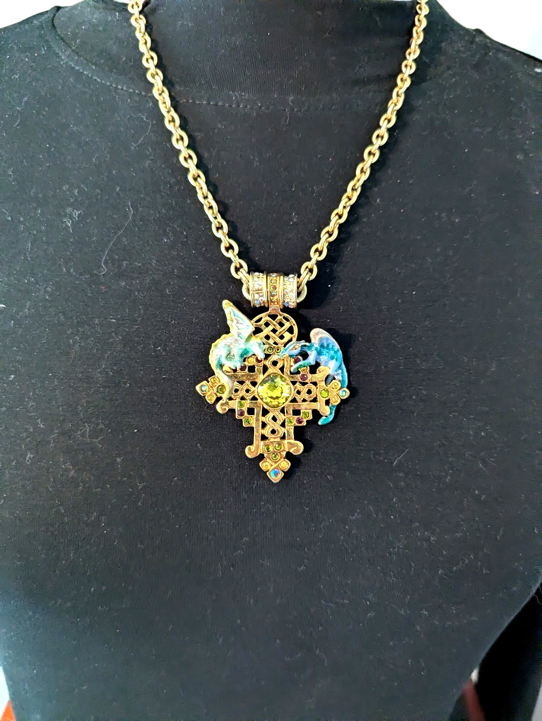Kirks Folly Enameled Dragon Cross on Gold Magnetic Chain