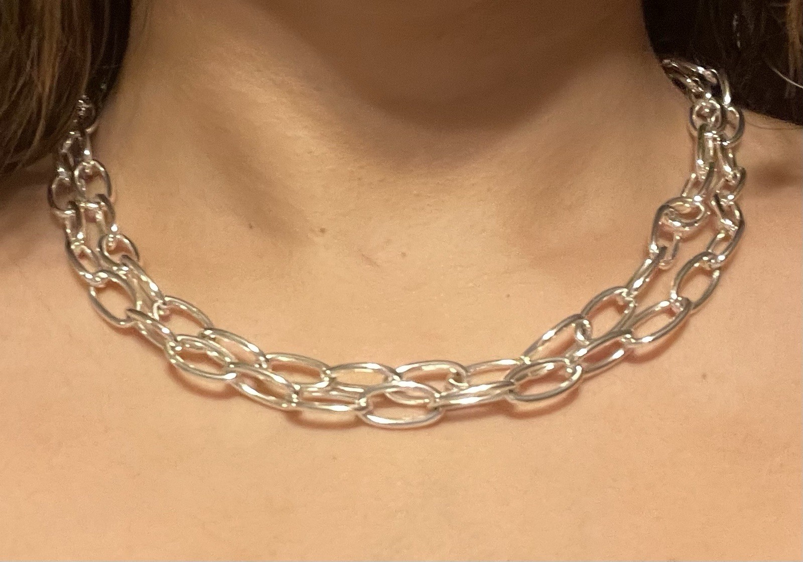 Vintage Napier Signed Silver Tone Double Strand Oval Link Toggle Chain Necklace