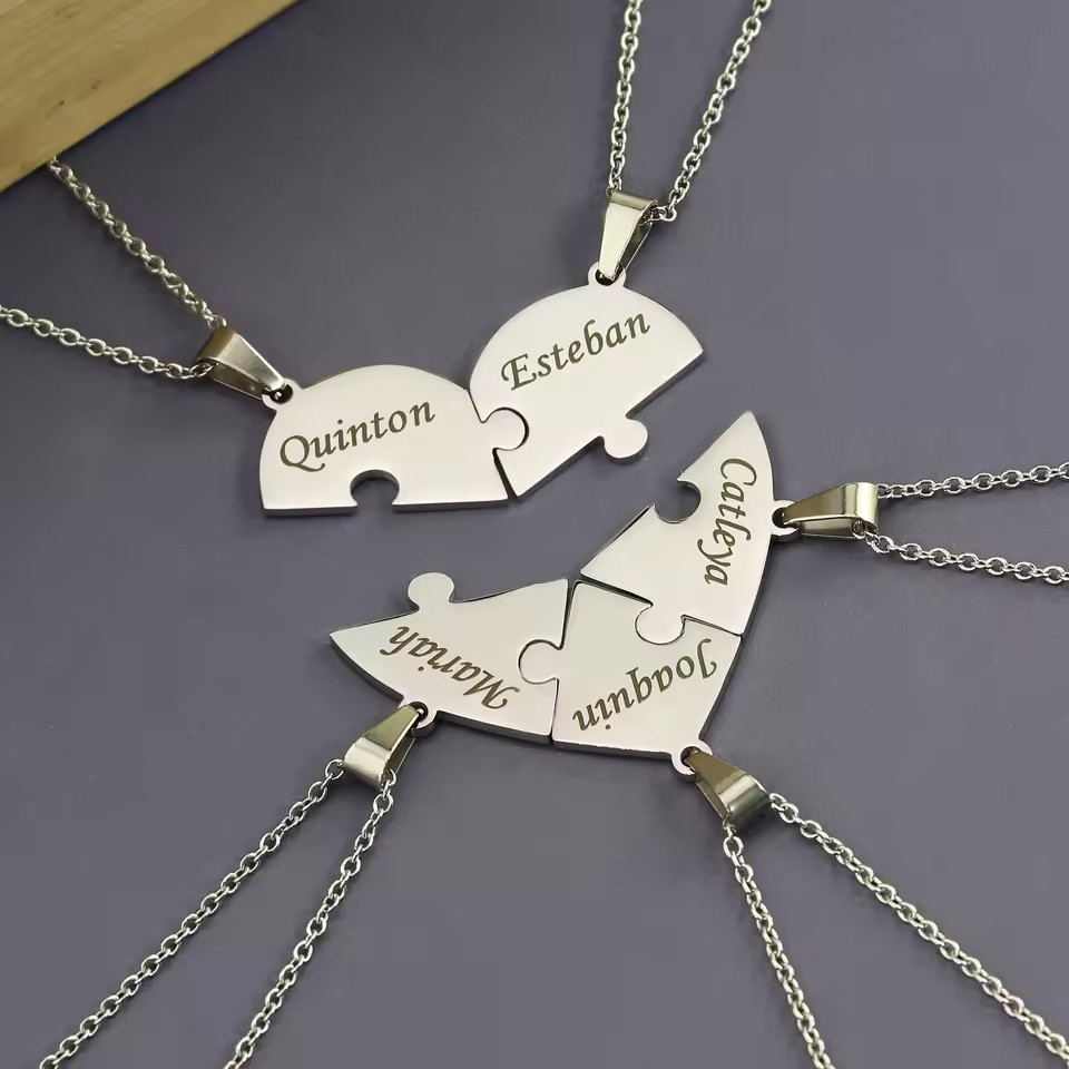 Personalized Puzzle Heart Necklace Custom Engraved BFF Family Birthday Gift Set
