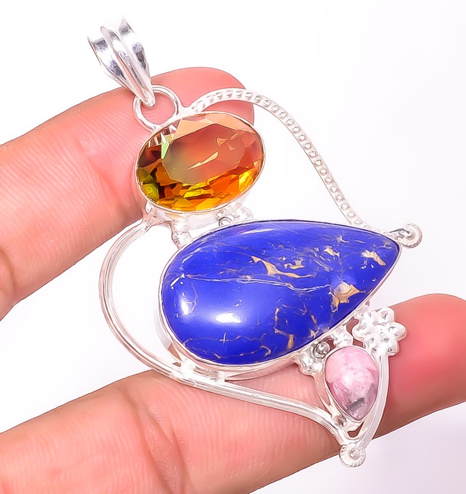 Lapis Lazuli & Bi Color Tourmaline 925 Silver Plated Pendant 2.73″ P3097