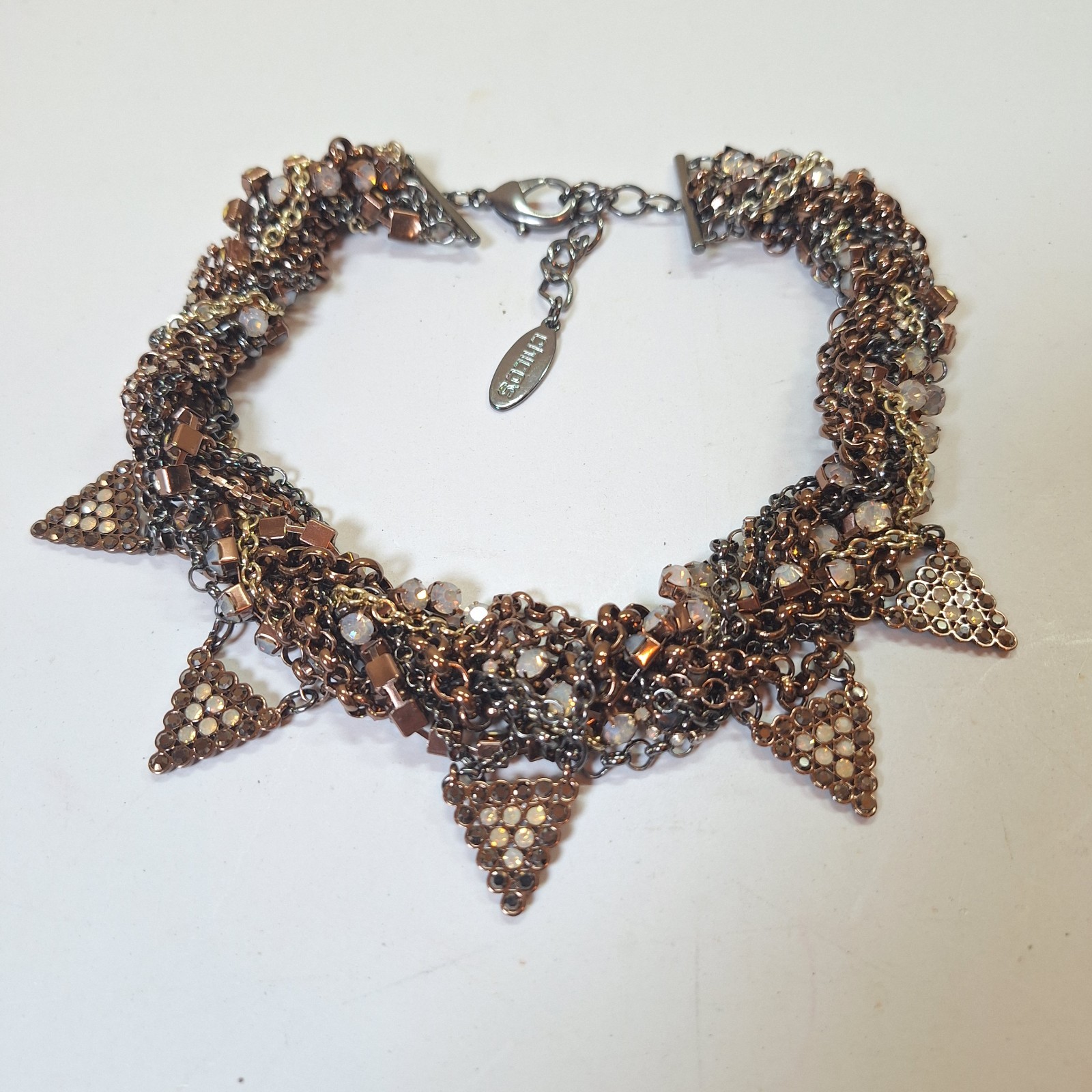 Chico’s Bronze Crystal Chain Fringe Statement Necklace Boho Glam Bib Collar