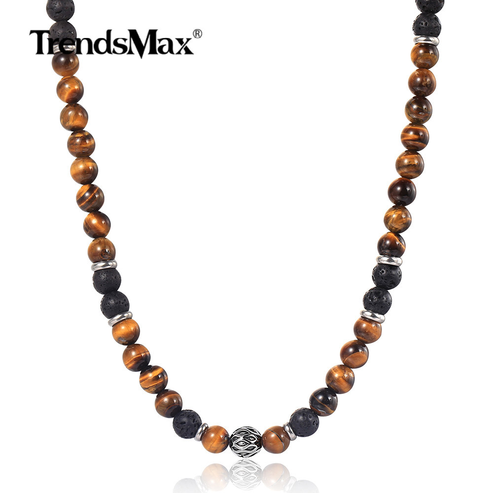 8mm Natural Tiger Eye Lava Bead Necklace Choker Stainless Steel Toggle 18/20/24″