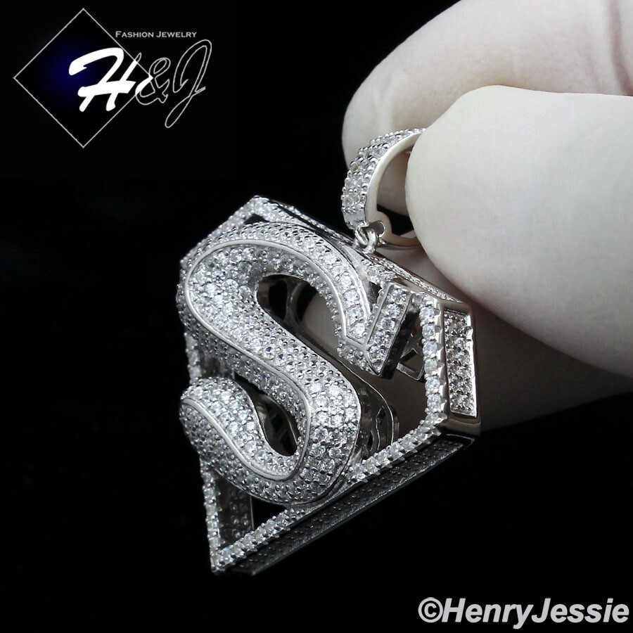 MEN SOLID 925 STERLING SILVER ICY BLING CUBIC ZIRCONIA 3D SUPERMAN PENDANT*SP263