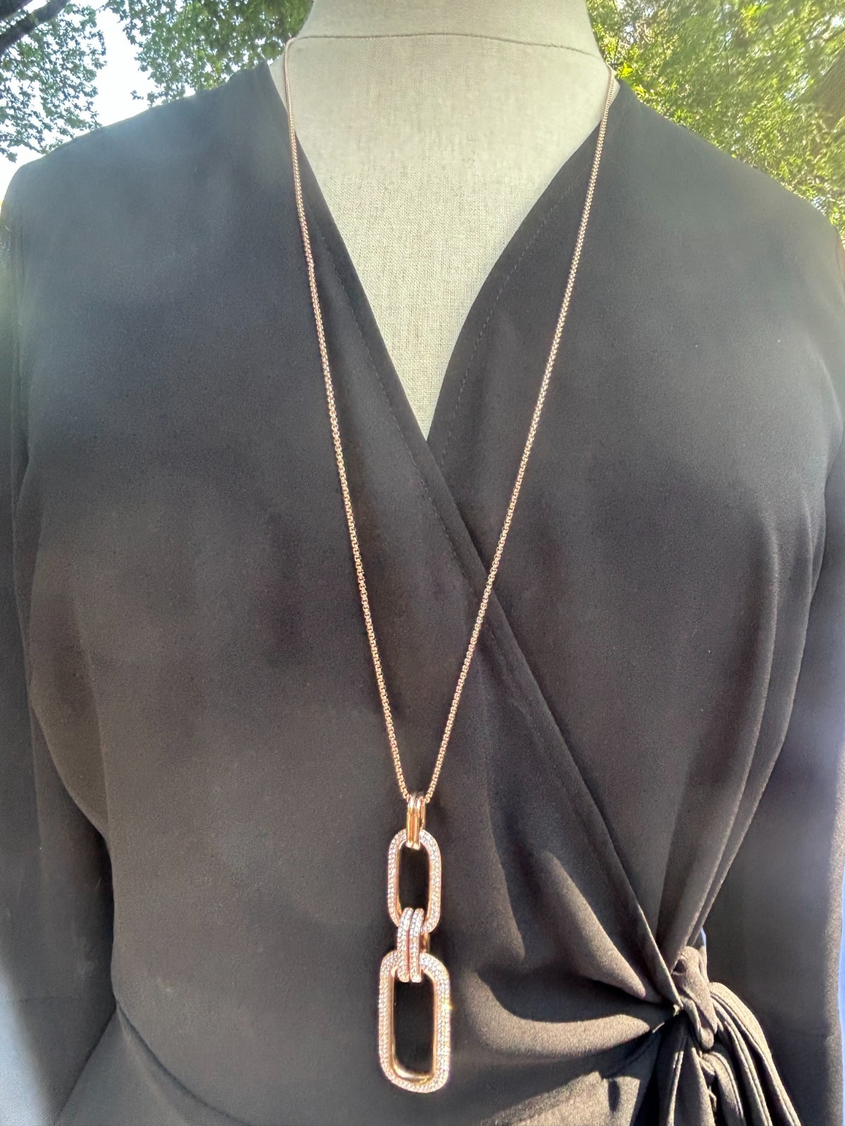MICHEL KORS Iconic Links Rose Gold Long Pendant Necklace Pave Crystal MKJ6964791