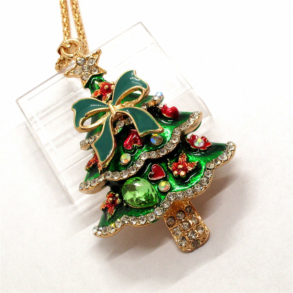 New Fashion Women Green Enamel Christmas Tree Crystal Sweater Chain Necklace