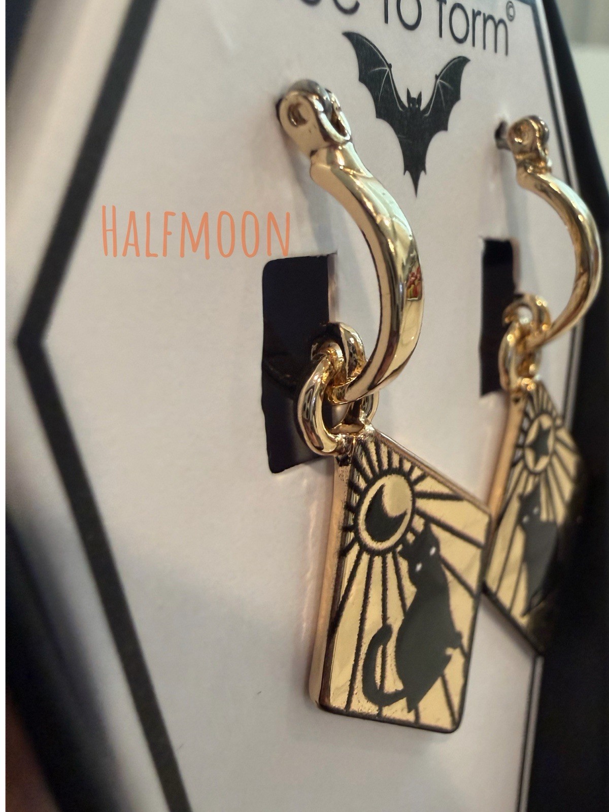 True to Form Black Cat Moon Star Halloween Dangle Hoop Earrings Nickel Free