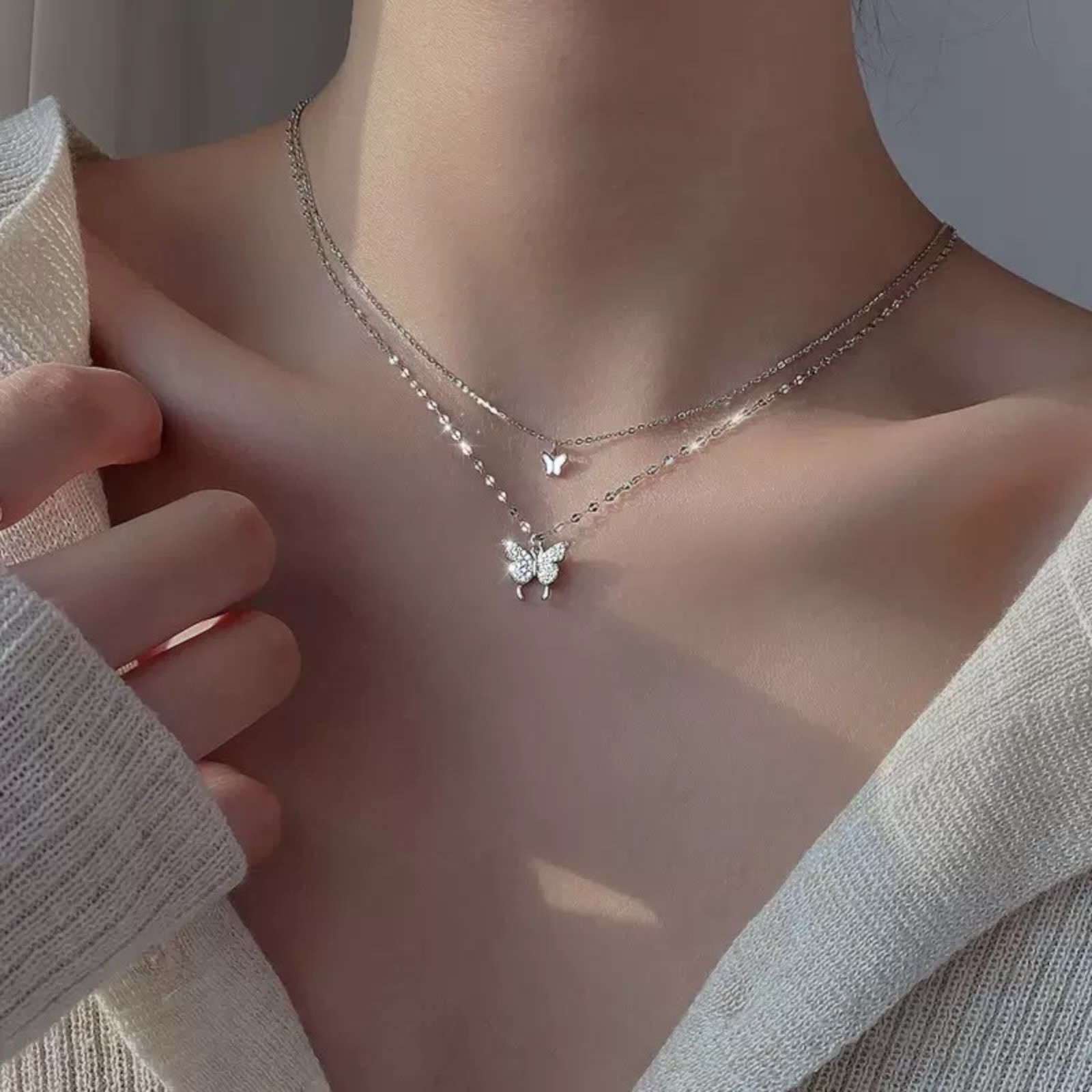 925 Silver Plated Double Butterfly Zircon Necklace Clavicle Jewelry A87