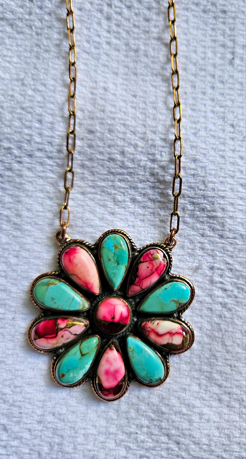 Stunning Kingman Turquoise & Pink Dahlia Solid Copper Flower Cluster Pendant