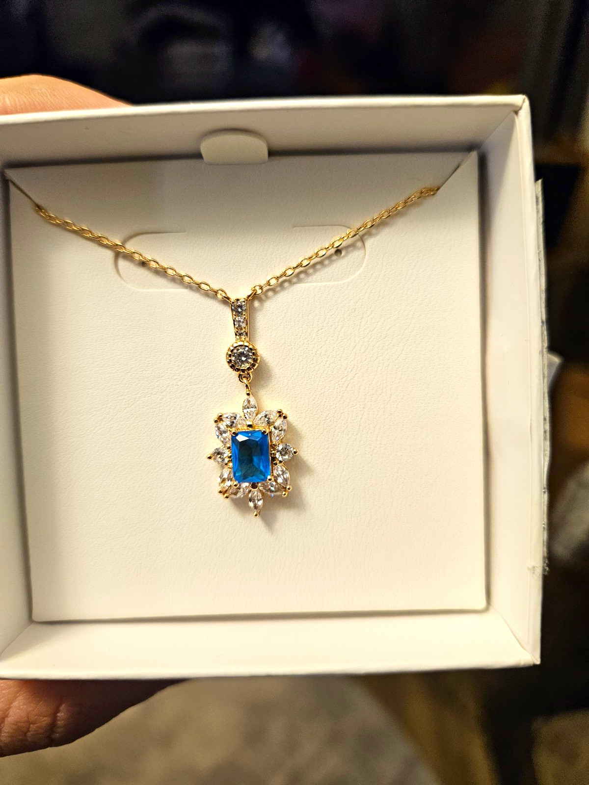 Bomb Party Gold Plated Emerald-Cut Lab Blue Zircon Halo Pendant Necklace RBP2993