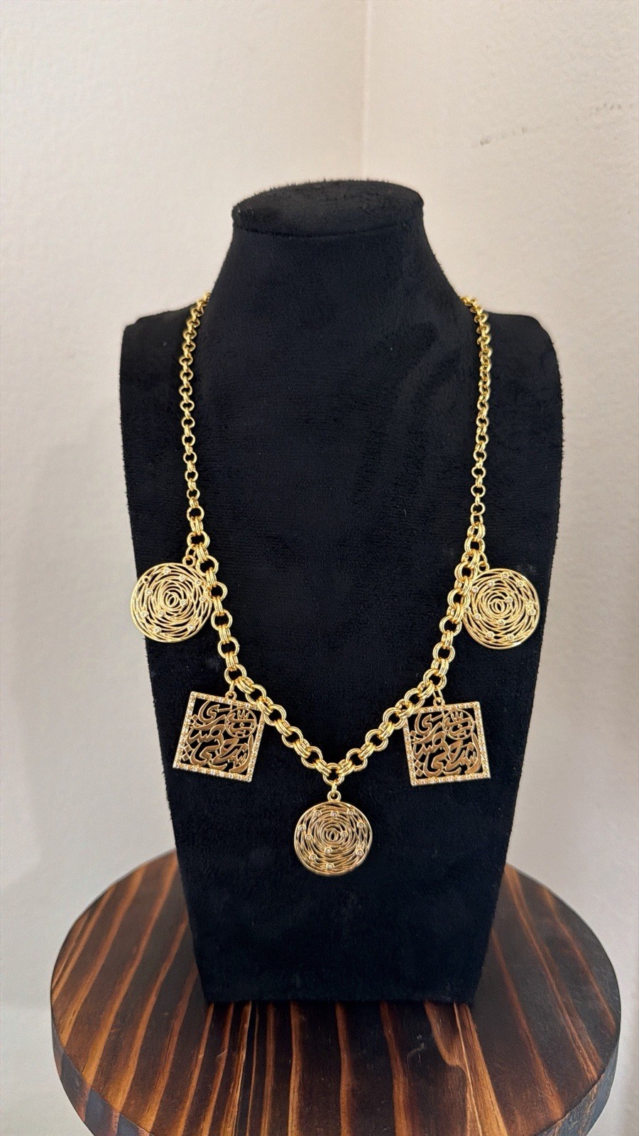 Gold Tone Cable Chain Charm Necklace Filigree Square & Disc Pendants Metal