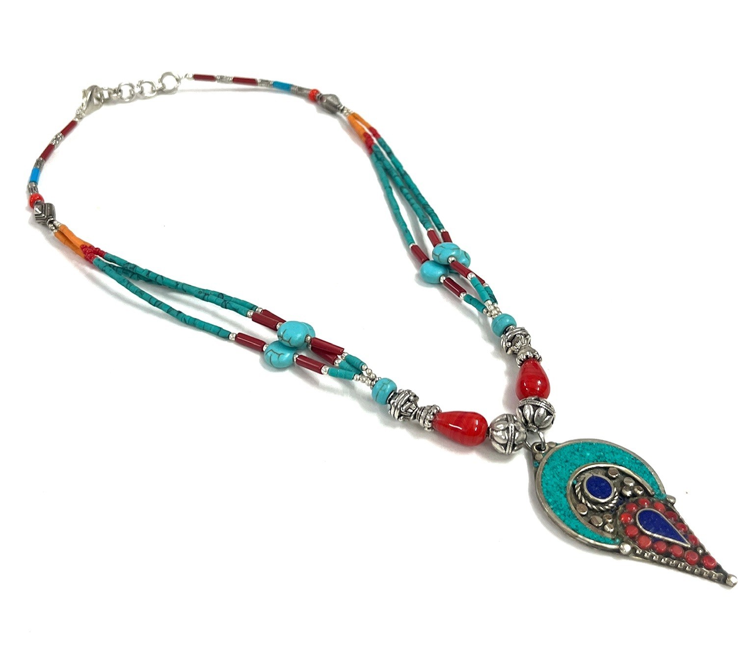 Antique Turquoise Coral Gemstone Tibetan Boho Necklace Jewelry, 17 inch Adjus
