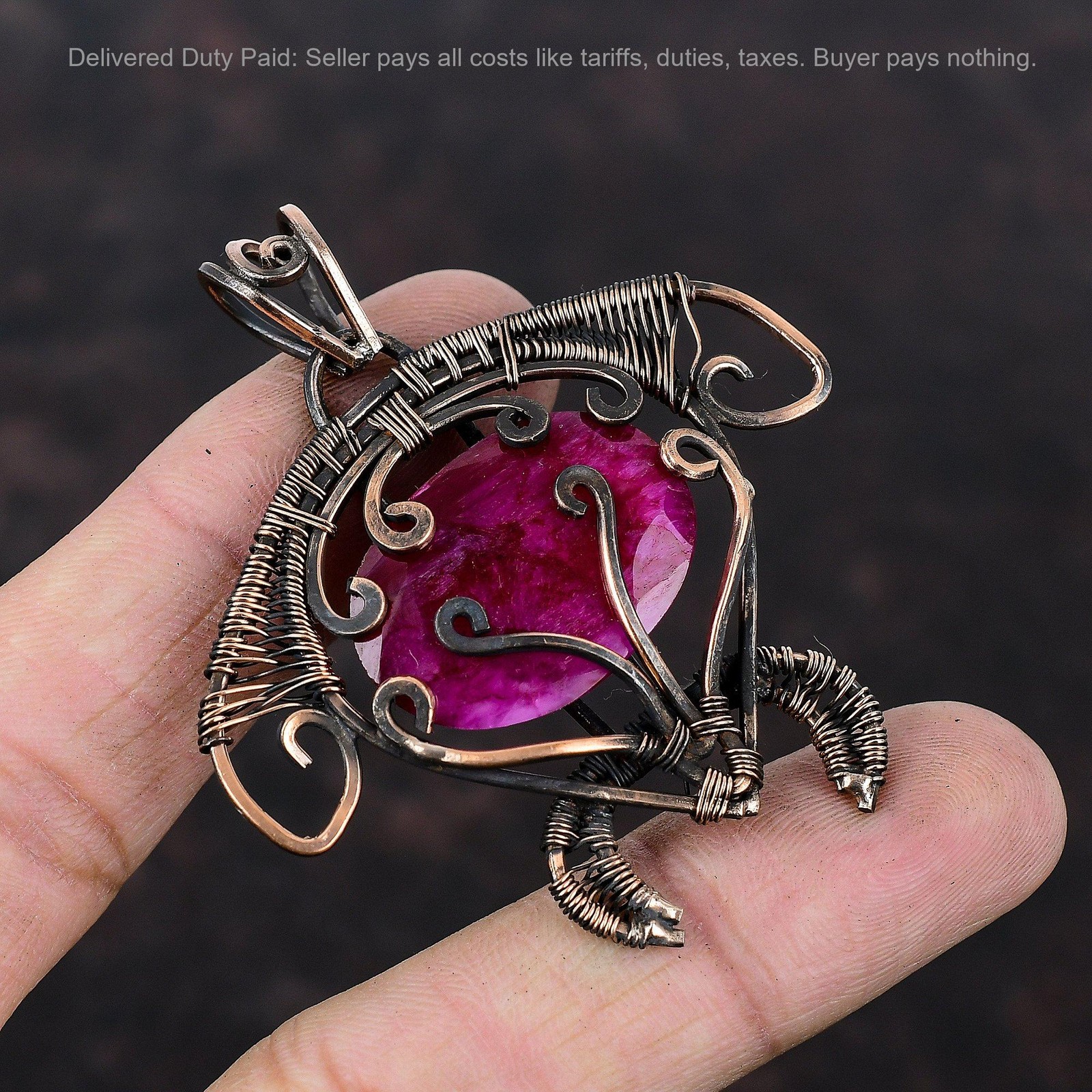 Kashmir Rubi Gemstone Copper Artisan Daughter Wire Wrapped Tortoise New Pendant