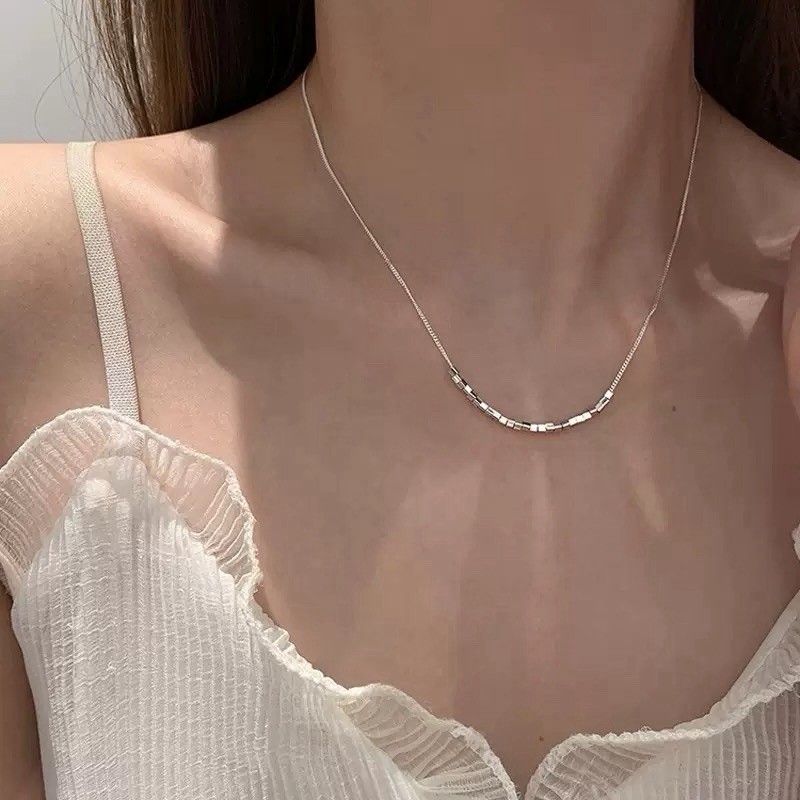 925 Silver Cube Bead Necklace Dainty Geometric Box Chain Choker Necklace 007