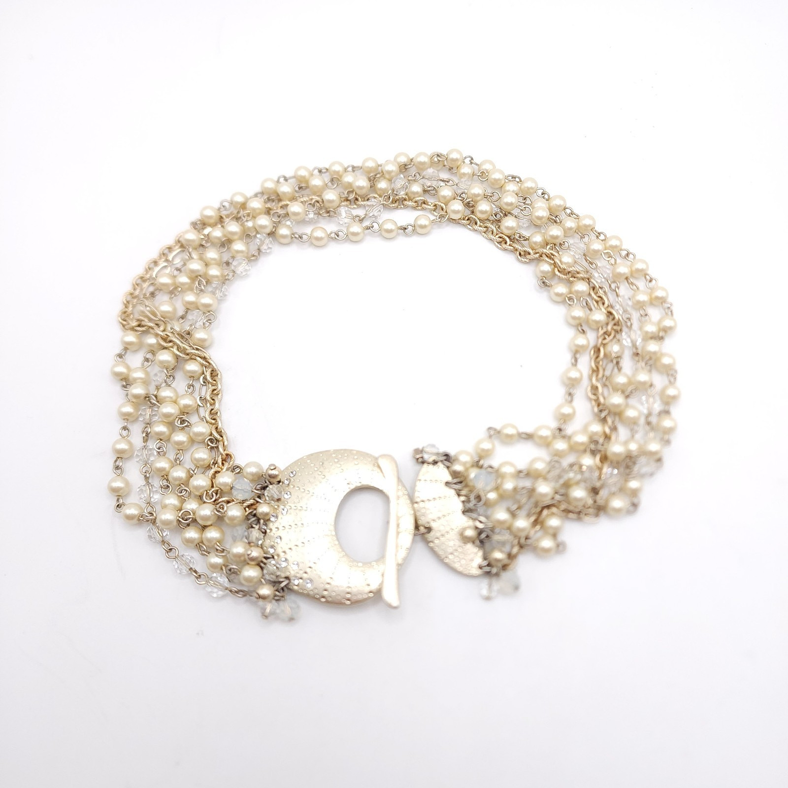 Alan Schwartz Multi Strand Faux Pearl Crystal Necklace Gold Tone Toggle 19in