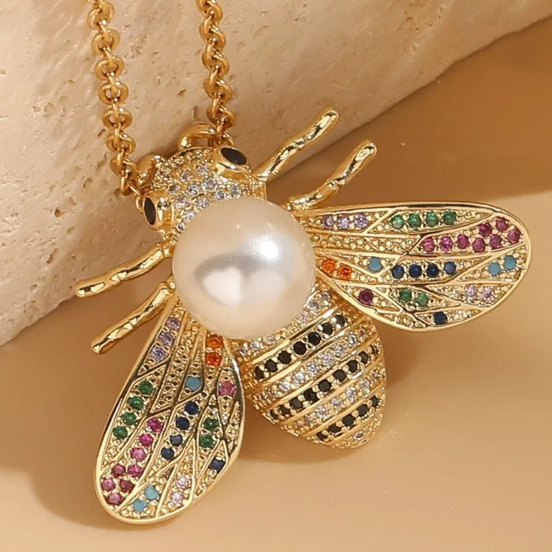 Bee Pendant Necklace 304 Stainless Steel Pearl CZ Crystal Gold Charm Women Gift