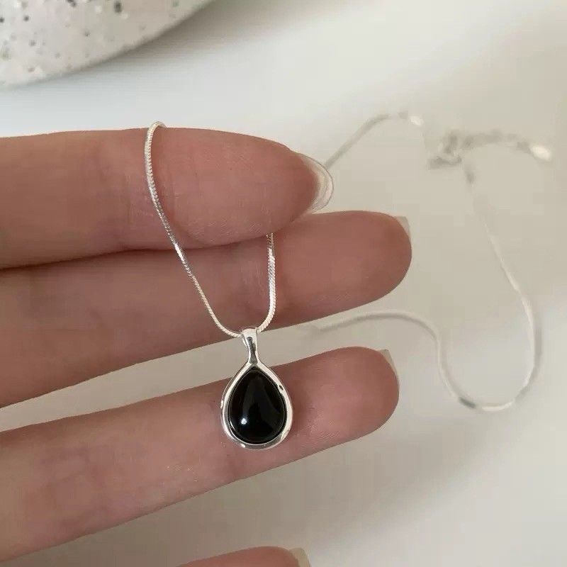 925 Sterling Silver Black Onyx Teardrop Pendant Necklace snake Chain 033