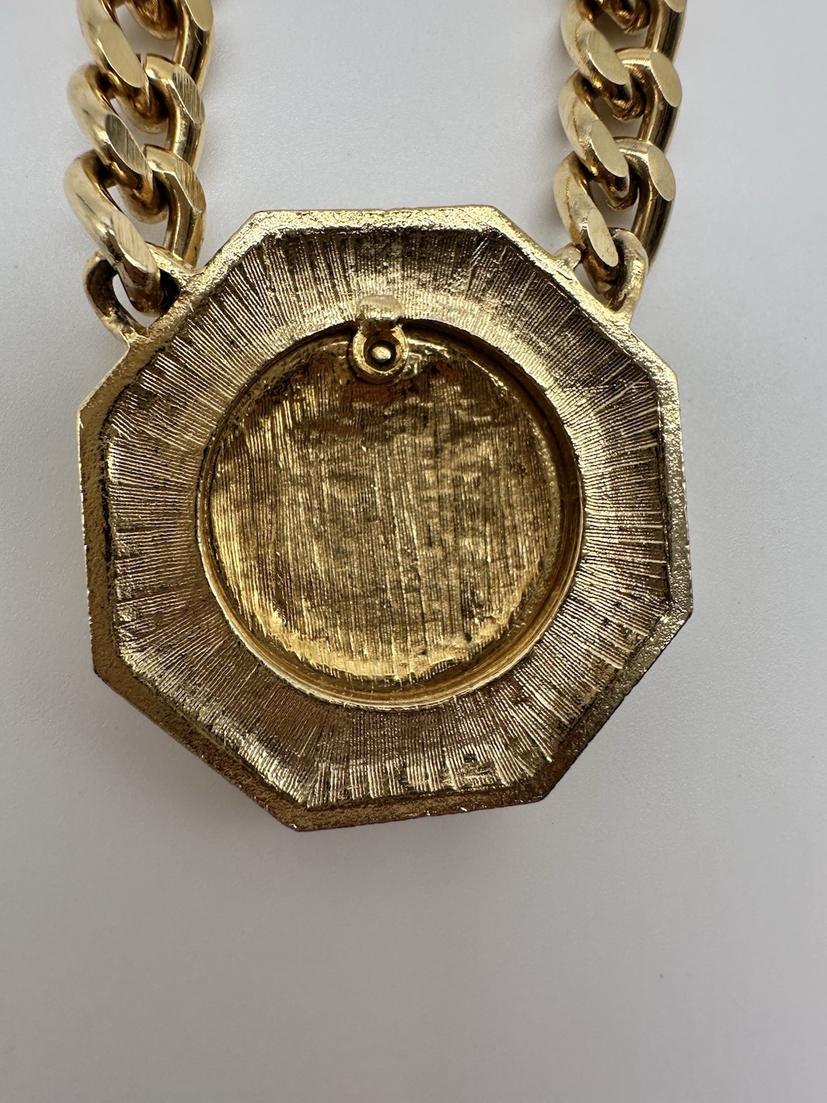 Gold Tone Miami Curb Chain/Crystal Accents/Roman French Emp. Faux Coin Pendant