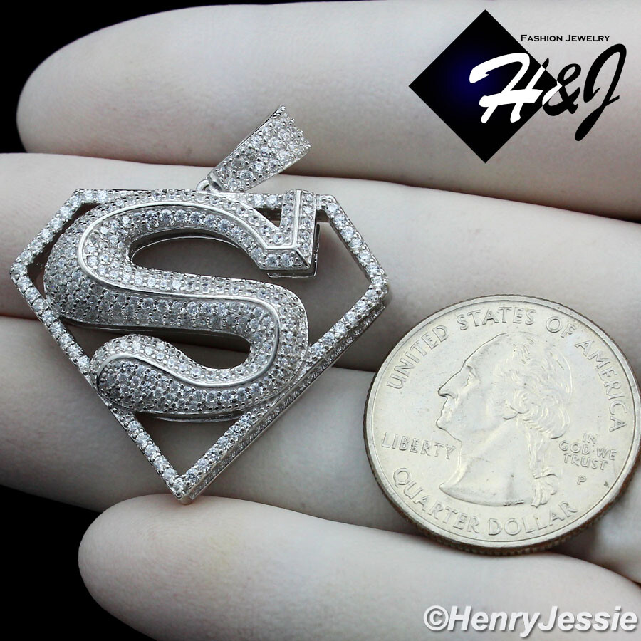 MEN SOLID 925 STERLING SILVER ICY BLING CUBIC ZIRCONIA 3D SUPERMAN PENDANT*SP263