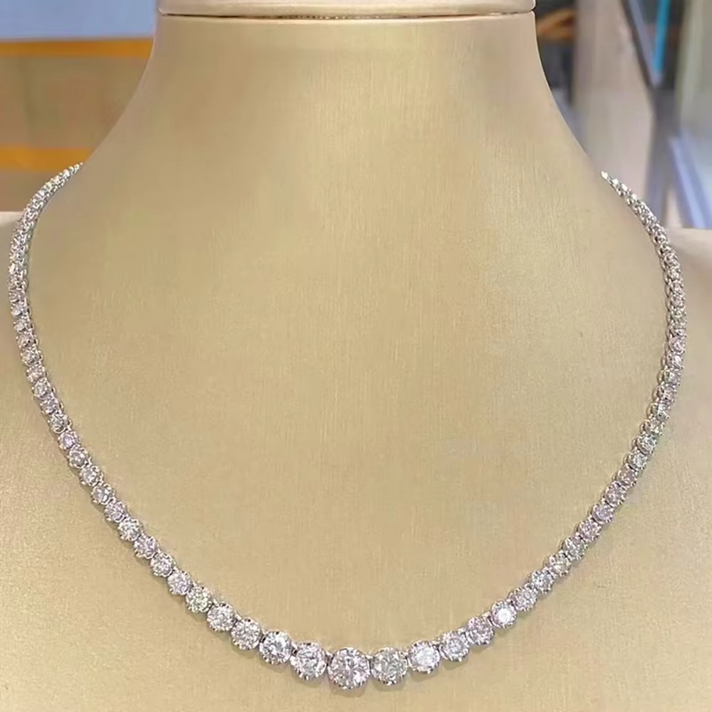 5AAA+ CZ Tennis Necklace Round Cut Silver Tone Chain 14k White Gold Plated 18″