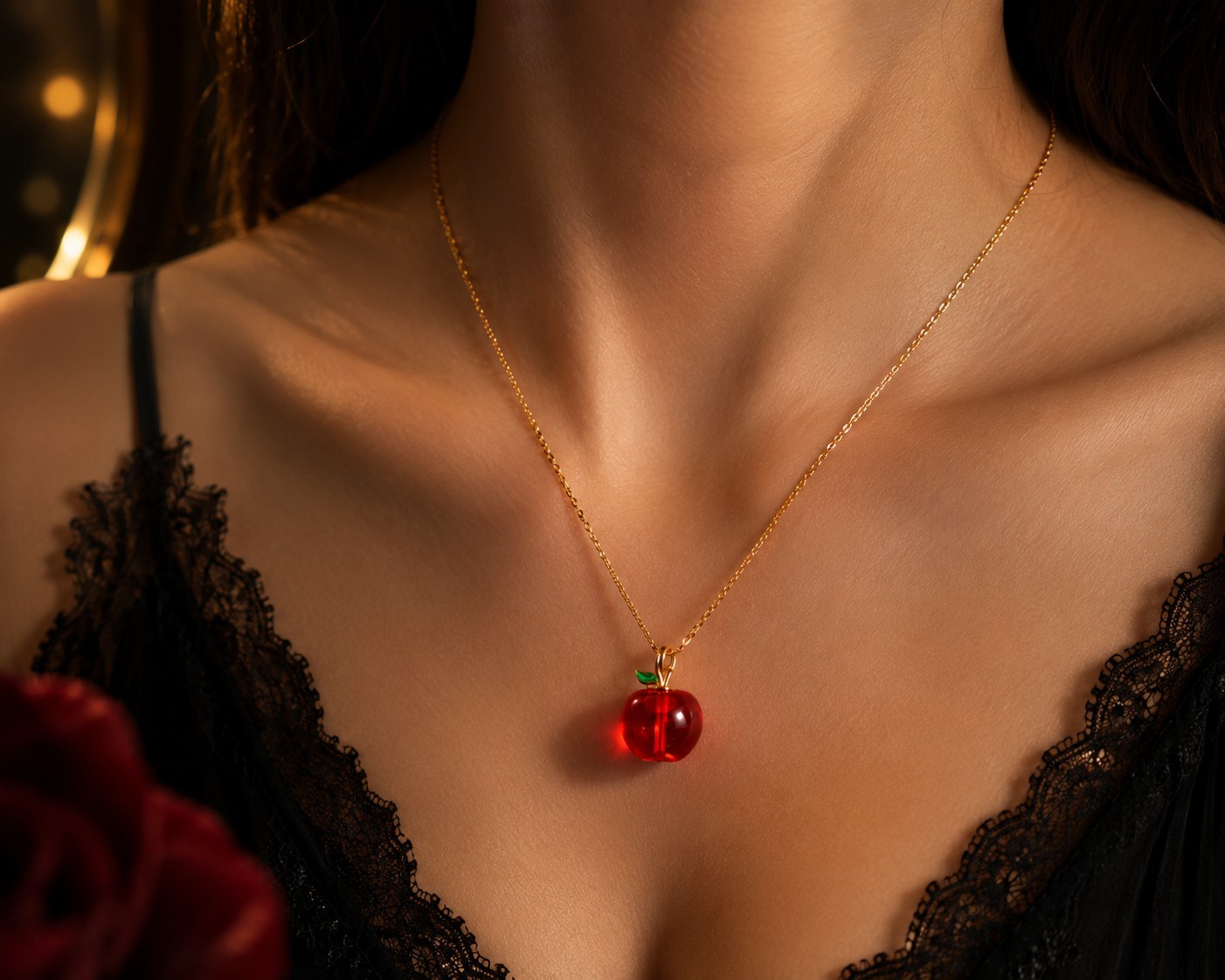 Red Apple Pendant Necklace Gold Plated Chain Glass Fruit Charm Cute Gift 18″