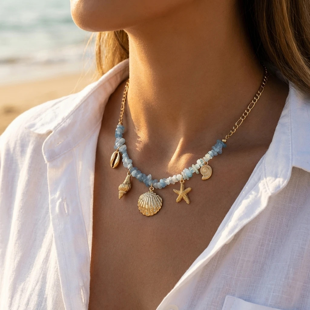 Light Blue Shell Starfish Conch Pendant Necklace for Women Summer Vacation Style