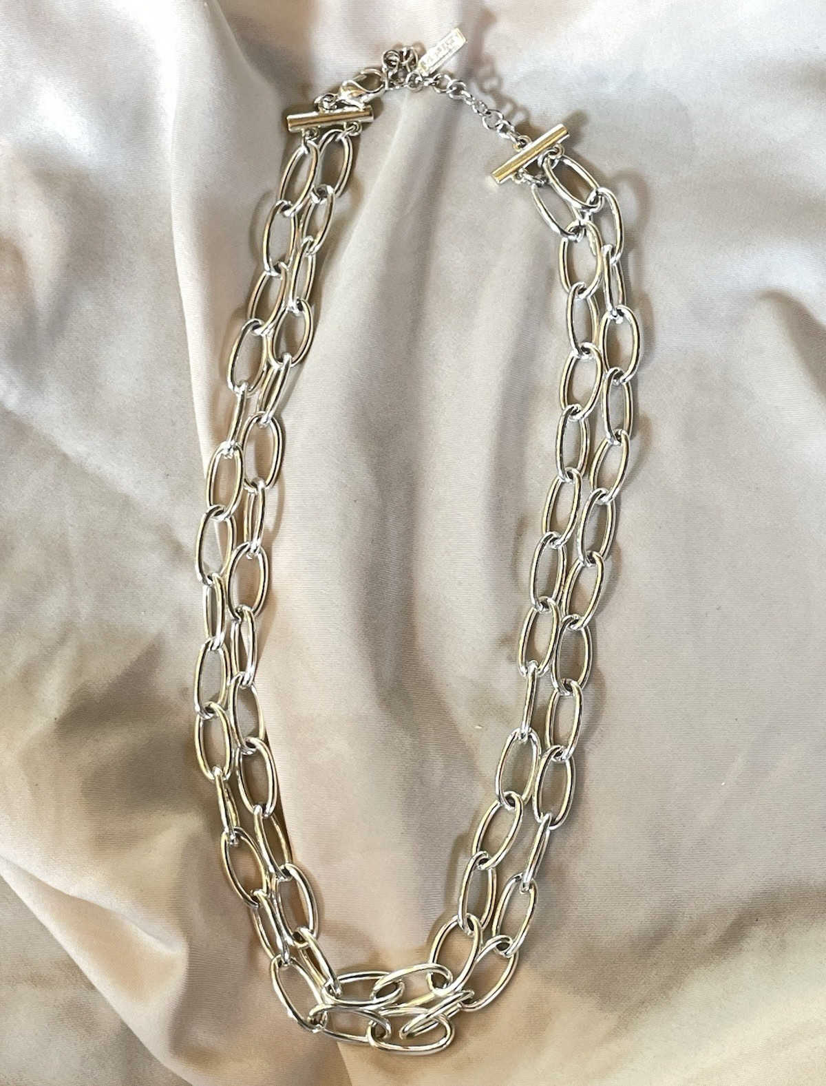 Vintage Napier Signed Silver Tone Double Strand Oval Link Toggle Chain Necklace