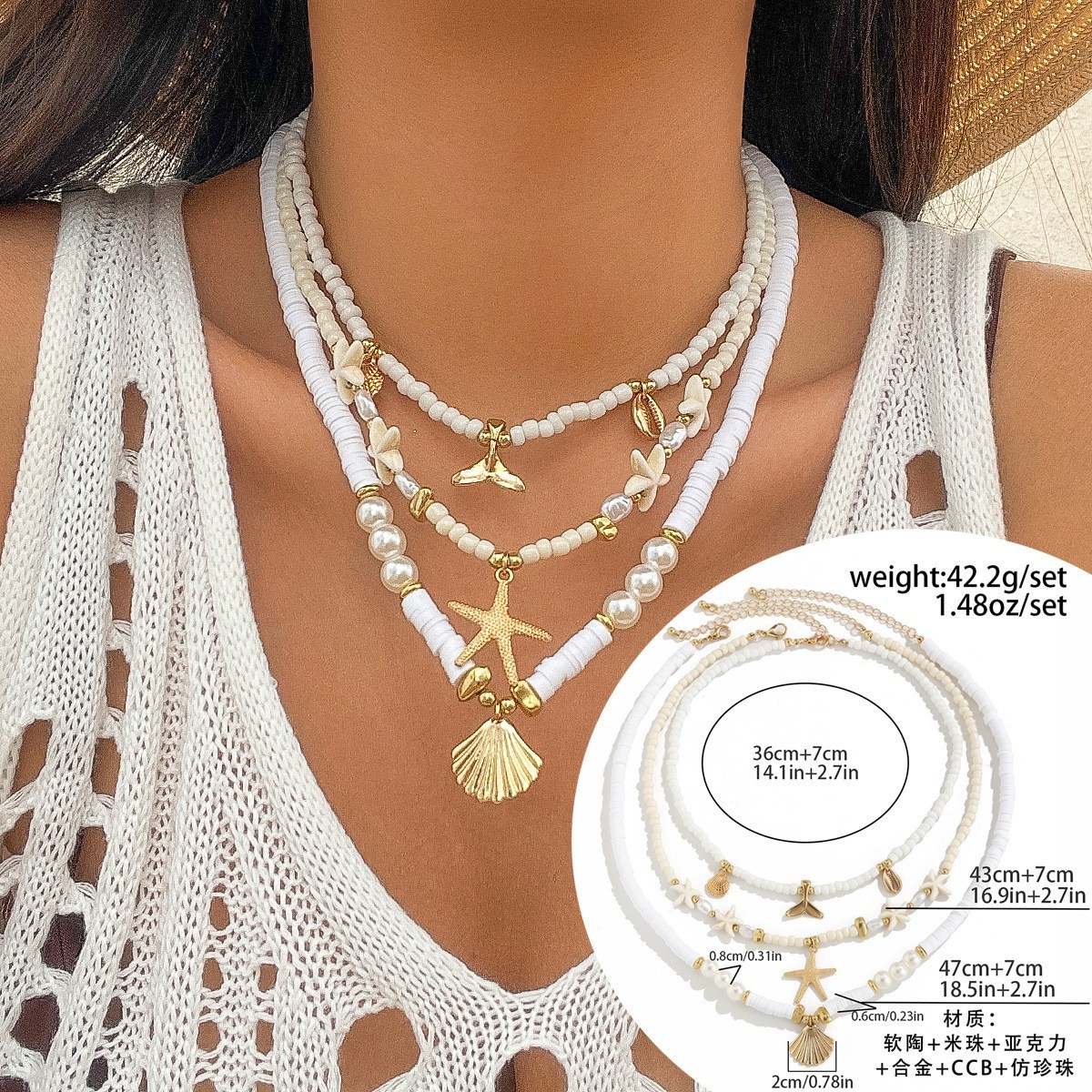 3Pcs/Set Women’s Vintage Soft Ceramic Beaded Ocean-Themed Pendant Necklace