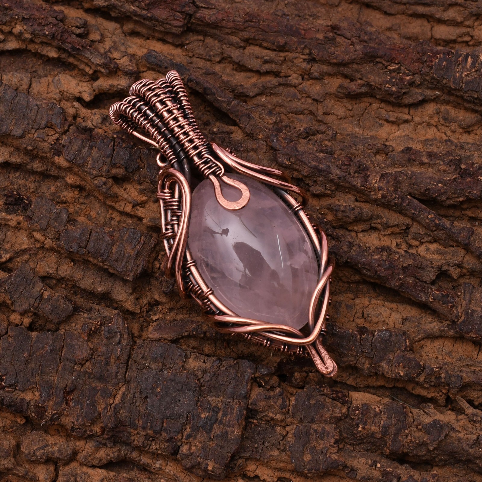 Rose Quartz Pendant Copper Wire Wrapped Handmade Jewelry Pendant 2.15″