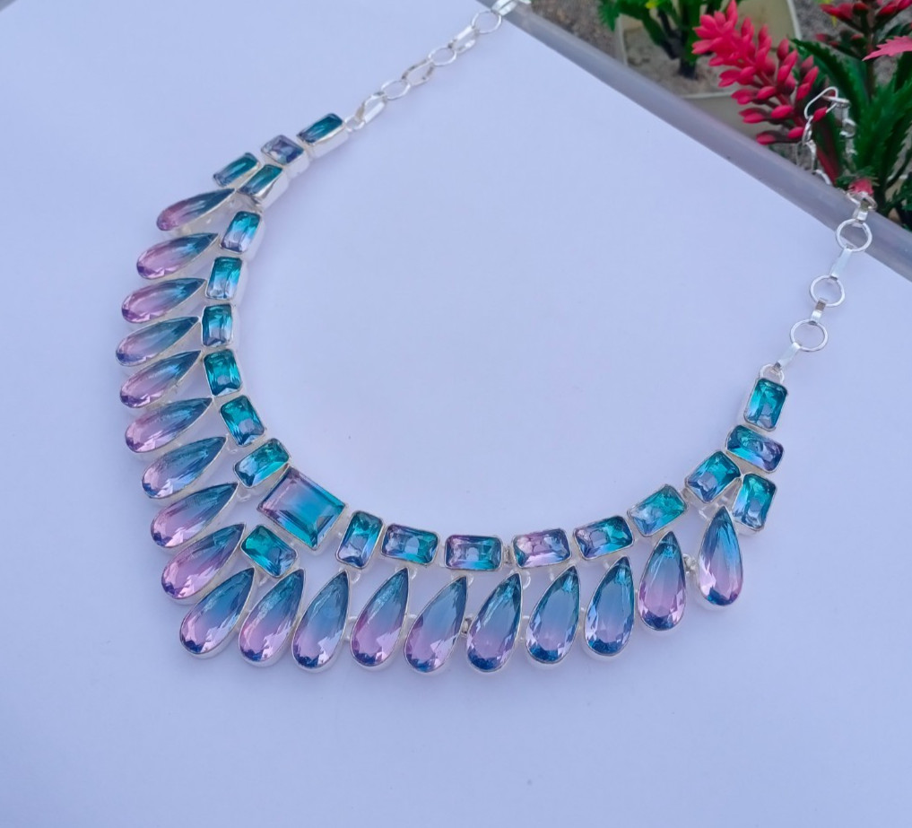 Beautiful Bi-Color Gemstone 925 silver Handmade Adjustable Necklace Jewelry
