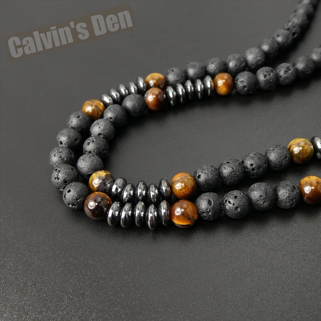 Lava Stone Tiger Eye Black Hematite Tooth Fang Pendant Necklace Men Gift Sleek