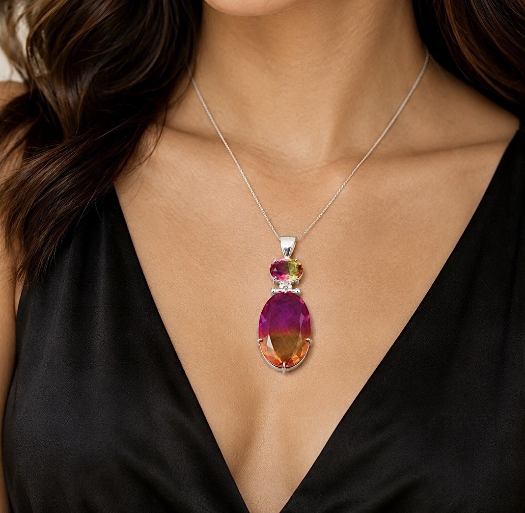 Bi-Color Tourmaline Gemstone Silver 2.4” Pendant