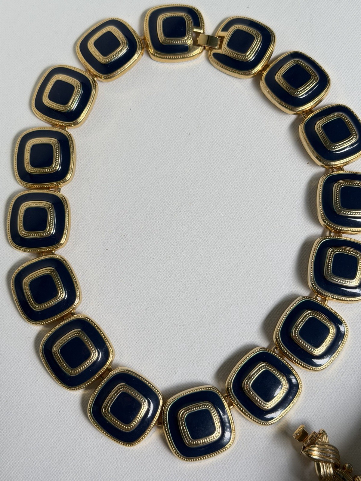 Vintage Gold Tone Navy Blue Enamel Geometric Statement Necklace Choker Collar